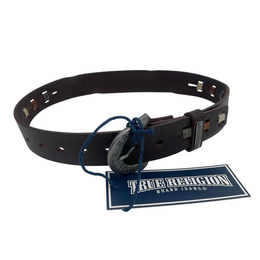 TRUE RELIGION Belt Size 22 NWT Brown Leather Stitch Detail Womens Buckle